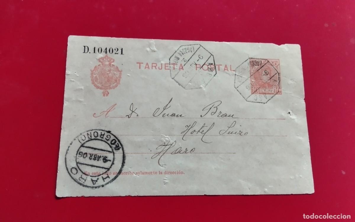 Sellos: HARO ENTERO POSTAL EDIFIL N&ordm; 42 CIRCULADO ALOGRO&Ntilde;O , A&Ntilde;O 1906 MATASELLO AMBULANTE