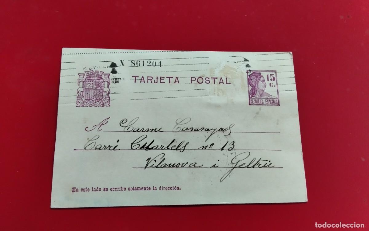 Sellos: ENTERO POSTAL REPUBLICANO EDIFIL N&ordm; 69 CIRCULADO A VILANOVA I GELTRU