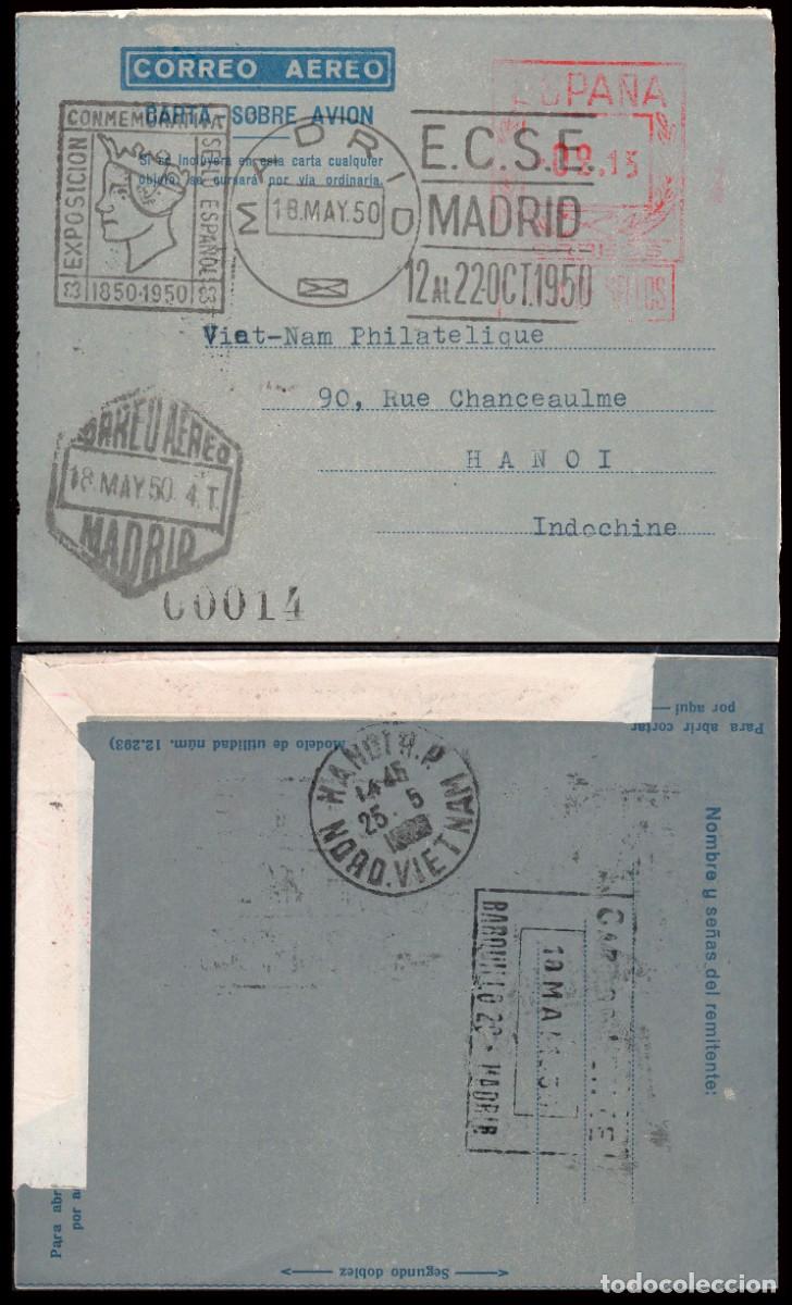 Sellos: Espa&ntilde;a - Aerogramas - Edi o 15 - Mat rodillo &rdquo;E.C.S.E. Madrid 18/May/50&rdquo; + Mat &rdquo;Correo a&eacute;reo..&rdquo;