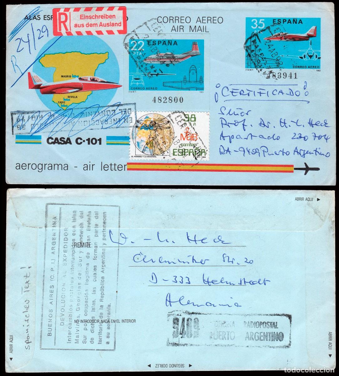 Sellos: Espa&ntilde;a - Aerogramas - Edi o 206+Espa&ntilde;a 2748 - &rdquo;Certificado 24/IV/82&rdquo; a &rdquo;Puerto Argentino&rdquo; +