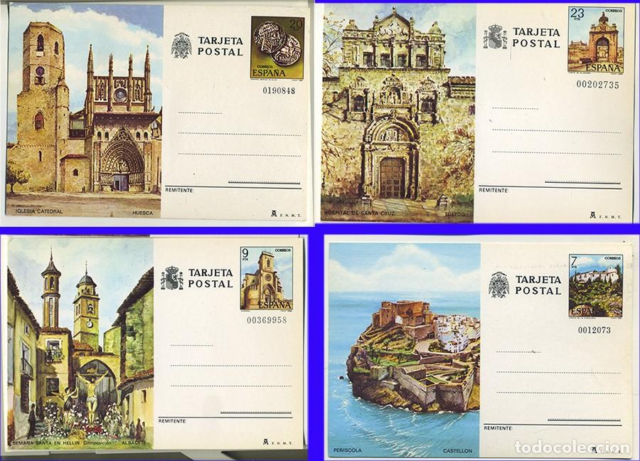 Sellos: 4 TARJETAS ENTERO POSTAL: HELLIN ALBACETE &ndash; CATEDRAL HUESCA &ndash; PE&Ntilde;ISCOLA CASTELLON &ndash; HOSPITAL SANTA C