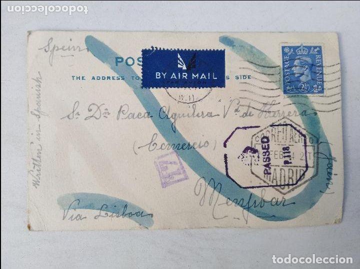 Francobolli: Entero Postal A&ntilde;o 1944. Circulado de Inglaterra a Espa&ntilde;a v&iacute;a Lisboa. Franqueo a&eacute;reo, tampones
