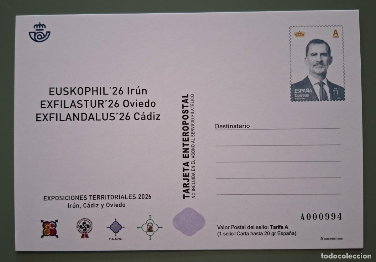 Sellos: EXPOSICIONES TERRITORIALES FESOFI 2026 - IR&Uacute;N, OVIEDO, C&Aacute;DIZ - TARJETA ENTERO POSTAL NUEVA ..A3655