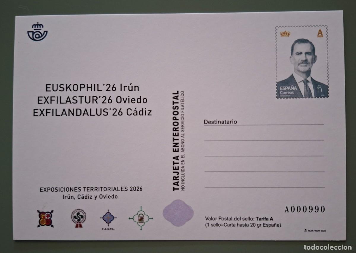 Sellos: EXPOSICIONES TERRITORIALES FESOFI 2026 - IR&Uacute;N, OVIEDO, C&Aacute;DIZ - TARJETA ENTERO POSTAL NUEVA ..A3661