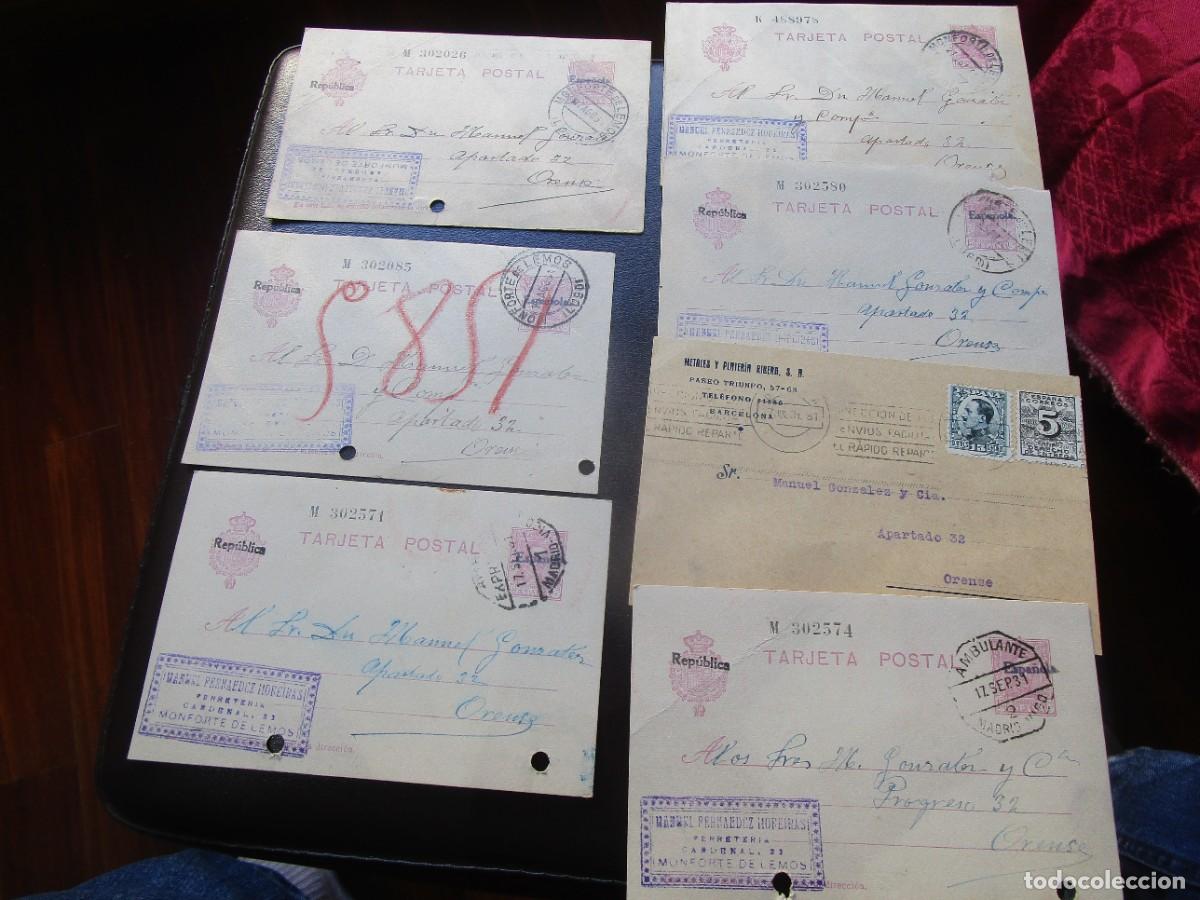 Selos: 7 entero postales II REP&Uacute;BLICA circulados 1931 a Orense desde Monforte (6) y Barcelona 1. 5. + info