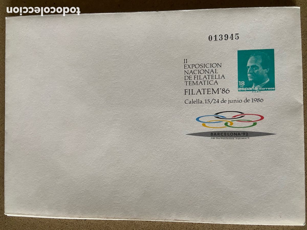 Sellos: SOBRE ENTERO POSTAL FILATEM 86 CALELLA. OLIMPIADAS BARCELONA 92. EDIFIL 4. NUEVO
