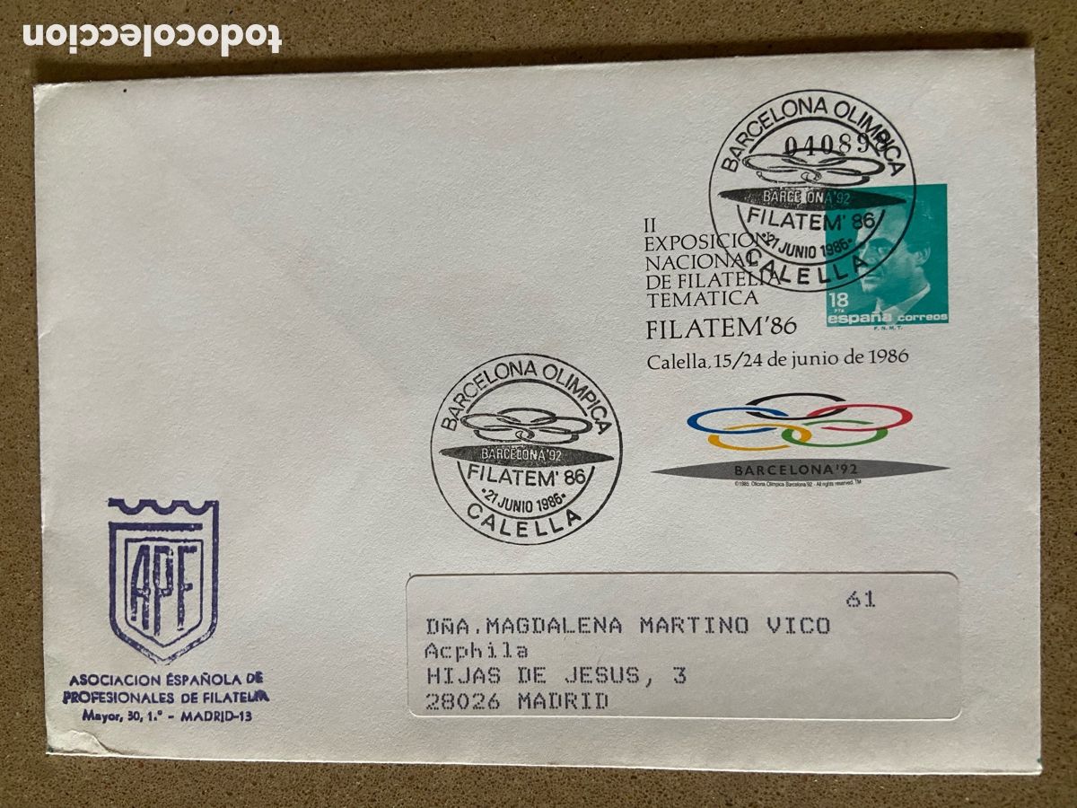 Briefmarken: SOBRE ENTERO POSTAL FILATEM 86 CALELLA. OLIMPIADAS BARCELONA 92. EDIFIL 4. MATASELLO OLIMPICO.