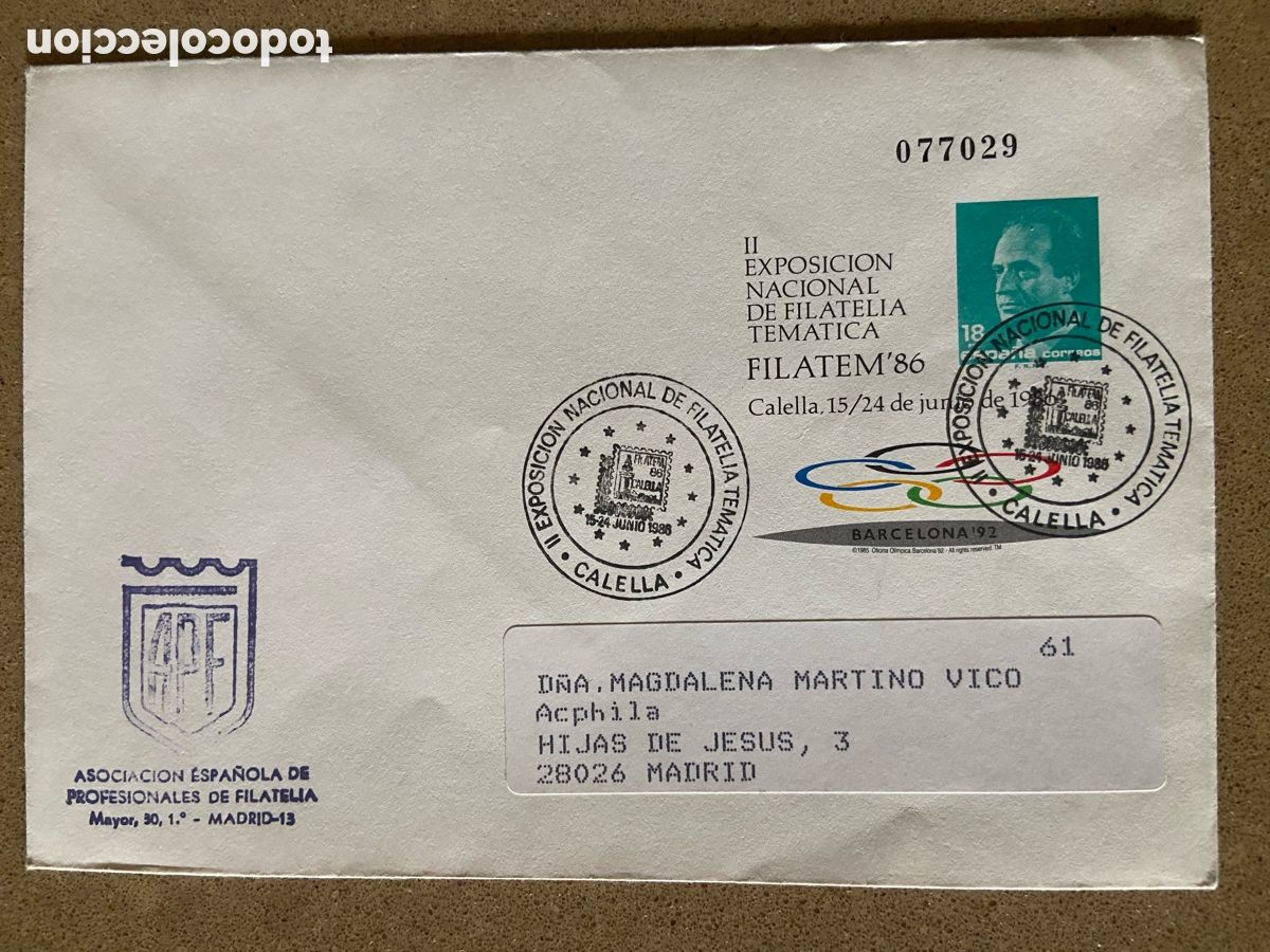 Francobolli: SOBRE ENTERO POSTAL FILATEM 86 CALELLA. OLIMPIADAS BARCELONA 92. EDIFIL 4. MATASELLO OLIMPICO.