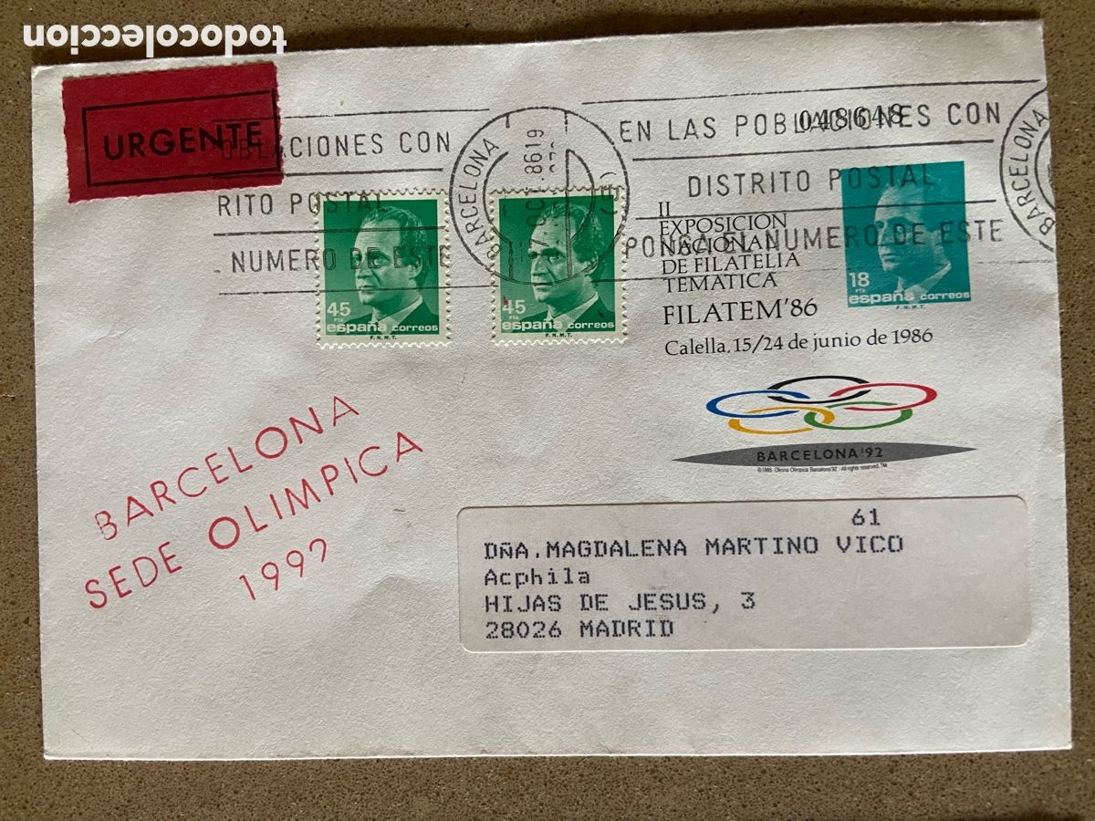 Sellos: SOBRE ENTERO POSTAL FILATEM 86 CALELLA. OLIMPIADAS BARCELONA 92. EDIFIL 4. MATASELLO RODILLO.CIRCULA
