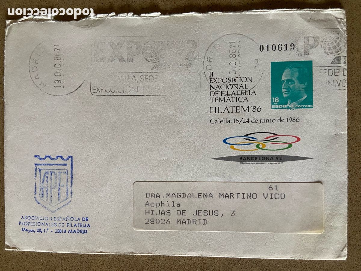Sellos: SOBRE ENTERO POSTAL FILATEM 86 CALELLA. EDIFIL 4. MATASELLO RODILLO.CIRCULADO EXPO&acute;92 SEVILLA