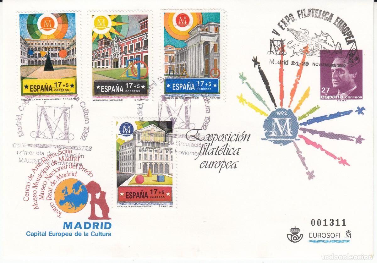 Sellos: SOBRE ENTERO POSTAL EXPOSICI&Oacute;N FILAT. MADRID - 1992 CON MATASELLOS PROMER D&Iacute;A Y DE LA EXPOSICI&Oacute;N