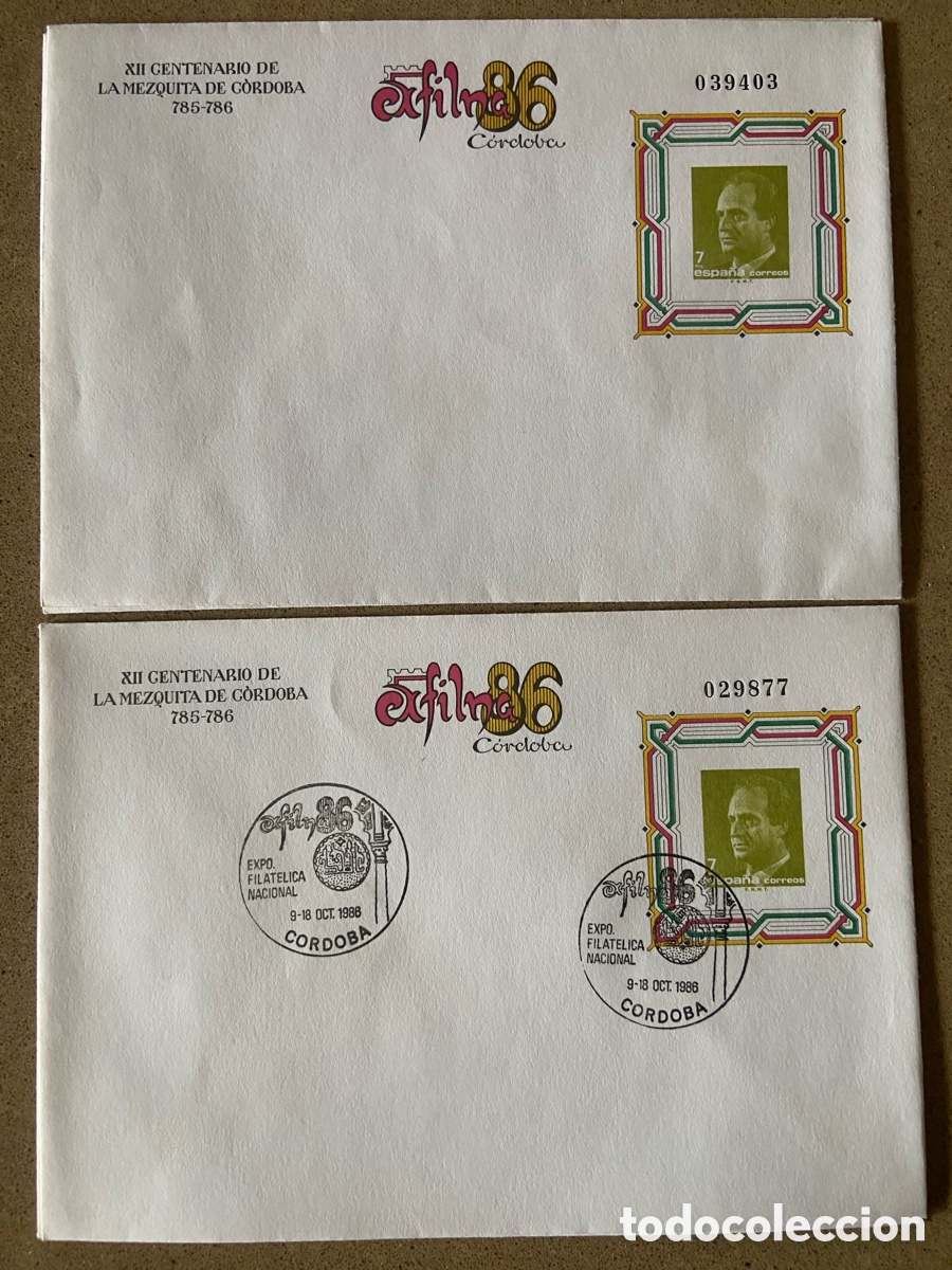 Sellos: SOBRE ENTERO POSTAL EDIFIL 5. EXFILNA 86. LOTE 2 SOBRES NUEVO Y CON MATASELLOS EXPOSICION CORDOBA