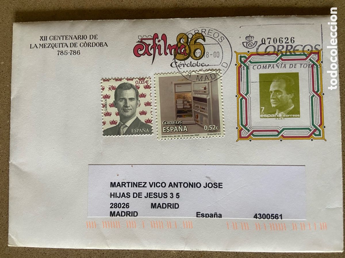 Sellos: SOBRE ENTERO POSTAL EDIFIL 5. EXFILNA 86. CIRCULADO A&Ntilde;O 2018 FRANQUEADO CON SELLOS EN EUROS