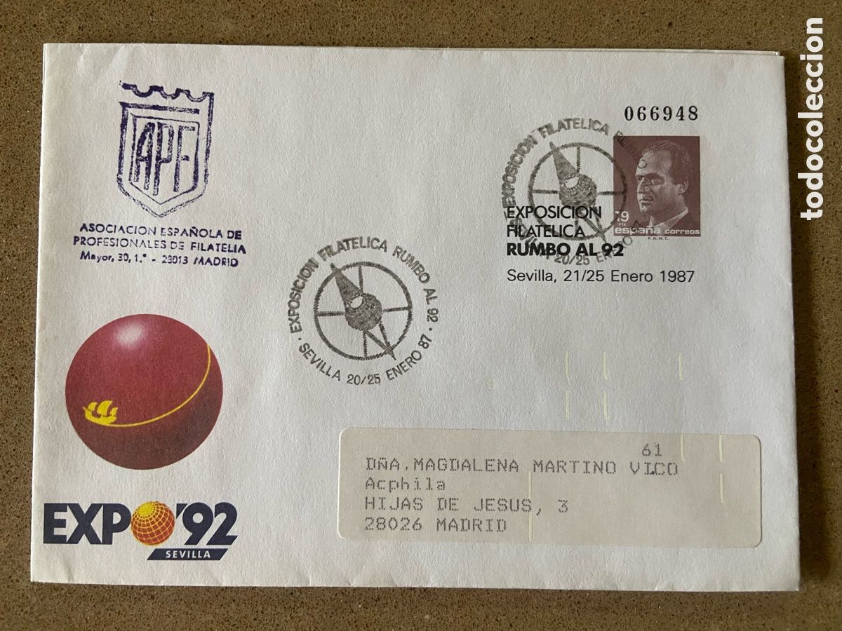 Sellos: SOBRE ENTERO POSTAL EDIFIL 6. EXPO`92 SEVILLA. CIRCULADO. MATASELLOS ESPECIAL RUMBO AL 92