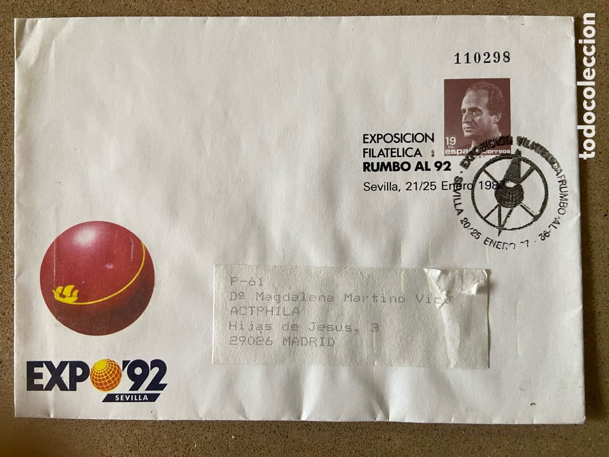 Sellos: SOBRE ENTERO POSTAL EDIFIL 6. EXPO`92 SEVILLA. CIRCULADO. MATASELLOS ESPECIAL RUMBO AL 92