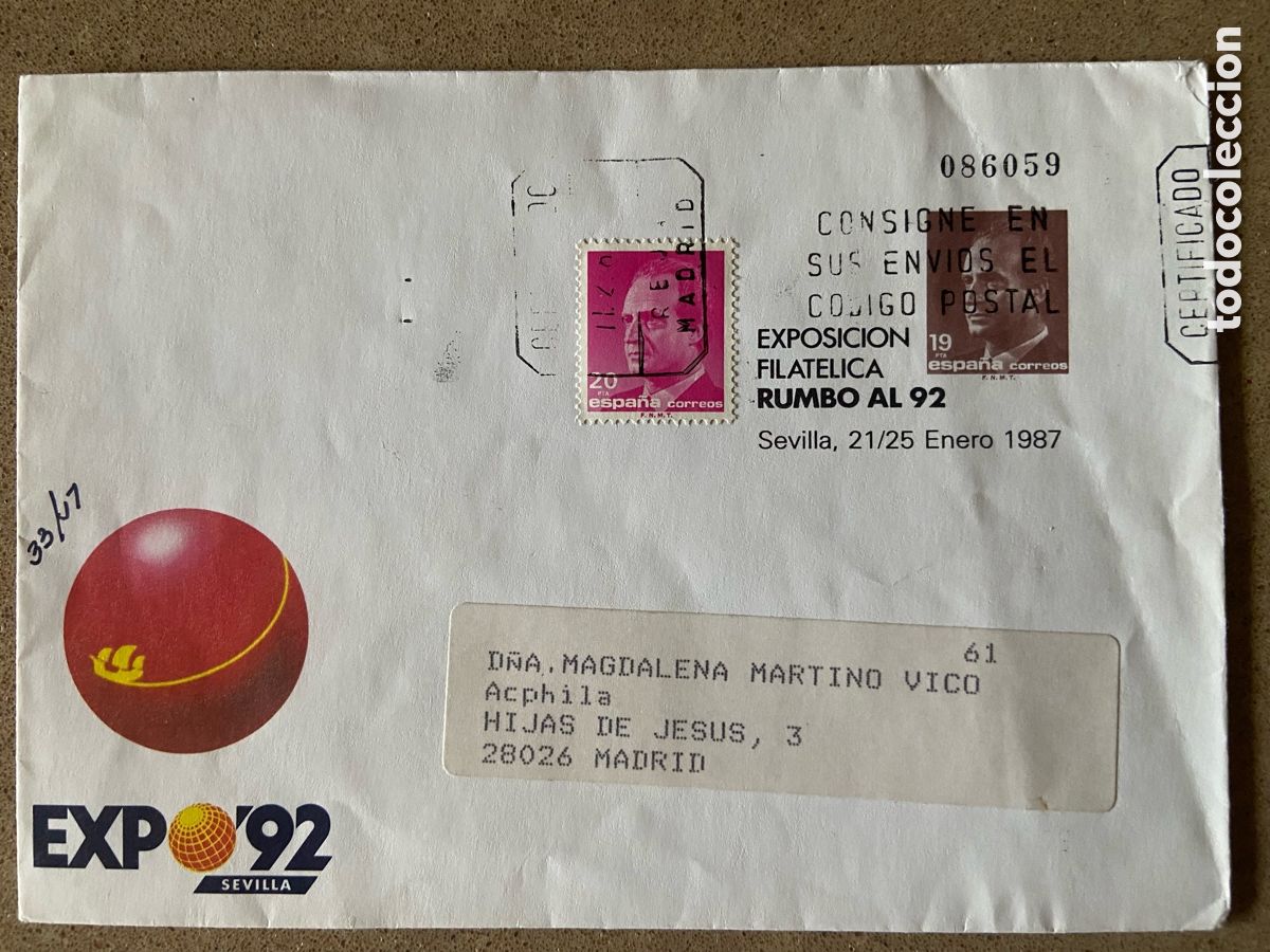 Sellos: SOBRE ENTERO POSTAL EDIFIL 6. EXPO`92 SEVILLA. CIRCULADO. MATASELLOS RODILLO
