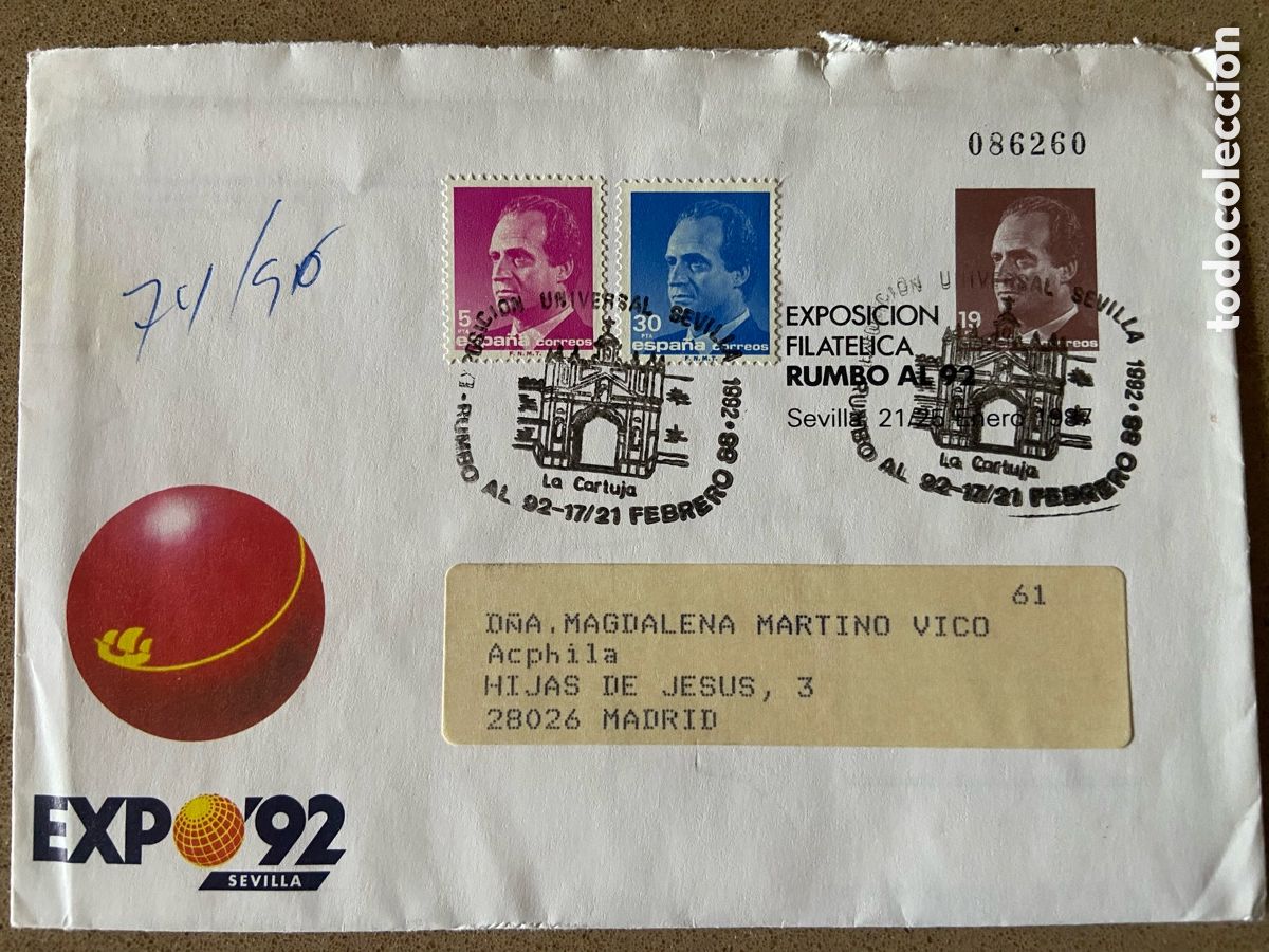 Sellos: SOBRE ENTERO POSTAL EDIFIL 6. EXPO`92 SEVILLA. CIRCULADO. MATASELLOS LA CARTUJA