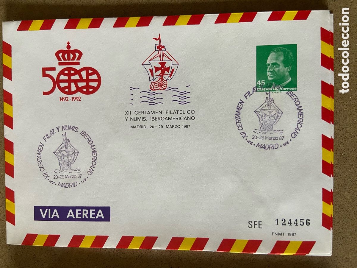 Sellos: SOBRE ENTERO POSTAL EDIFIL 7. CERTAMEN IBEROAMERICANO. 500 A&Ntilde;OS DESCUBRIMIENTO.MATASELLOS CARABELA