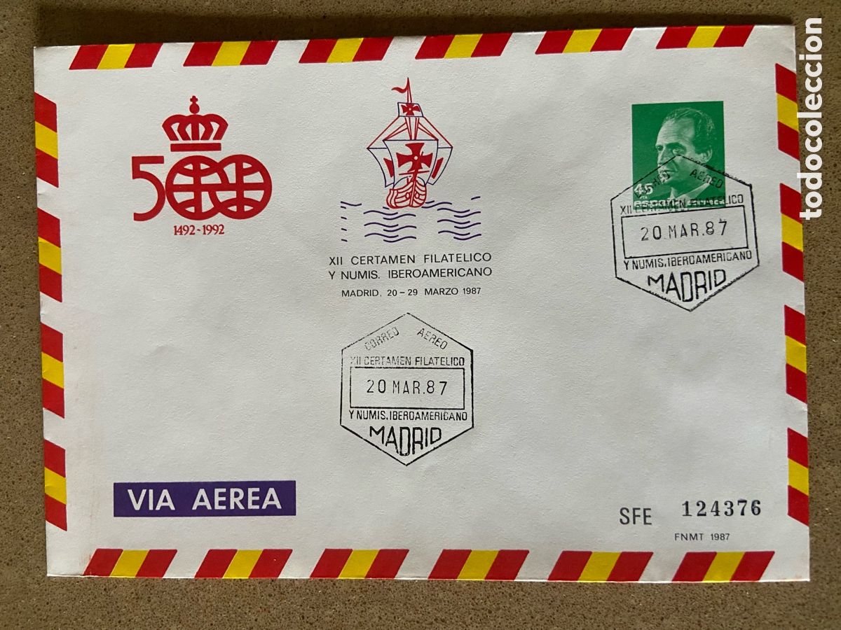 Sellos: SOBRE ENTERO POSTAL EDIFIL 7. CERT. IBEROAMERICANO. 500 A&Ntilde;OS DESCUBRIMIENTO.CORREO AEREO PRIMER DIA