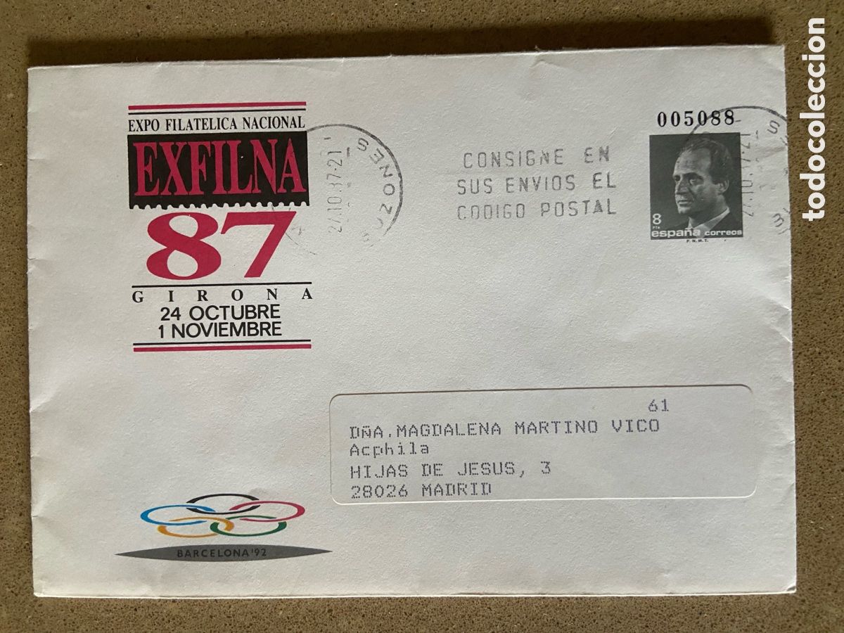 Sellos: SOBRE ENTERO POSTAL EDIFIL 10. EXFILNA 87 GERONA. AROS OLIMPICOS. CIRCULADO 27-10-87 RODILLO