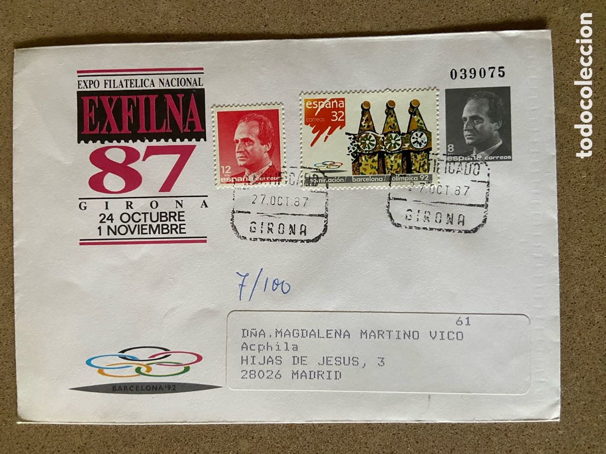 Sellos: SOBRE ENTERO POSTAL EDIFIL 10. EXFILNA 87 GERONA. AROS OLIMPICOS. CIRCULADO 27-10-87 CERTIFICADO