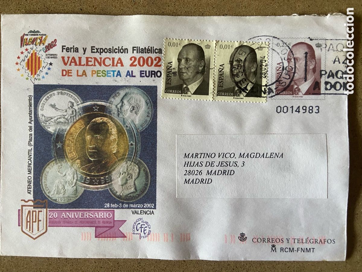 Sellos: SOBRE ENTERO POSTAL EDIFIL N&ordm; 75. VALENCIA 2002 FERIA Y EXPOSICIONES DE LA PESETA AL EURO. CIRCULADO