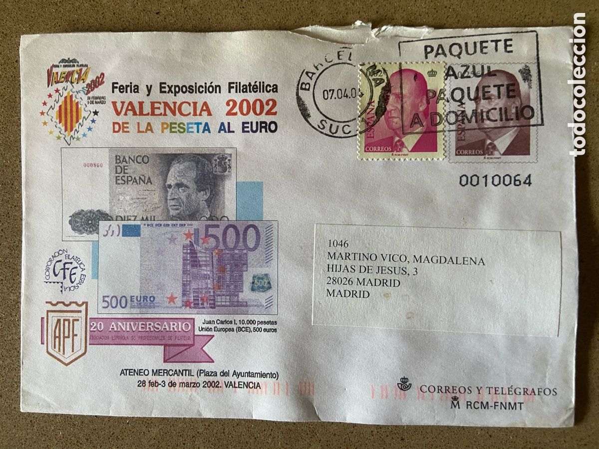 Sellos: SOBRE ENTERO POSTAL EDIFIL N&ordm; 75. VALENCIA 2002 FERIA Y EXPOSICIONES DE LA PESETA AL EURO. CIRCULADO