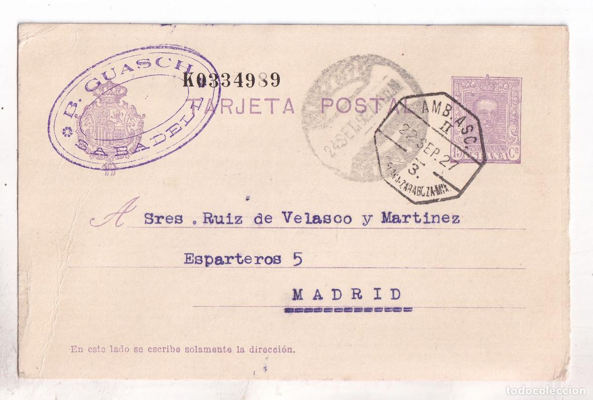 Sellos: ENTERO POSTAL. SABADELL A MADRID. AMBULANTE ZARAGOZA. VAQUER