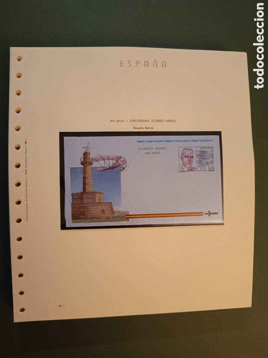 Sellos: 1991 - AEROGRAMA 216 NUEVO EN HOJA OLEGARIO - EDUARDO BARR&Oacute;N - PROYECTISTA DE AVIONES