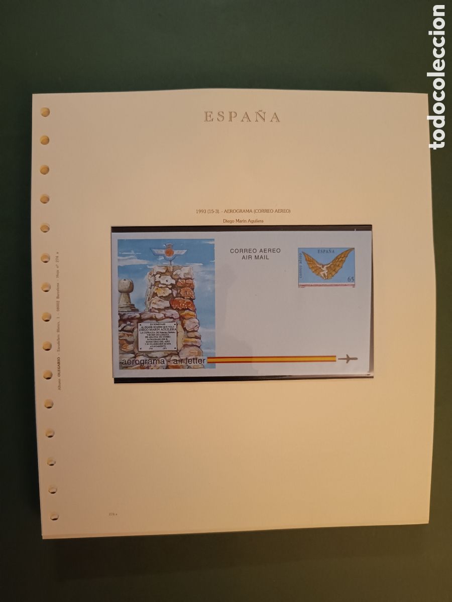 Sellos: 1993 - AEROGRAMA 218 NUEVO EN HOJA OLEGARIO - DIEGO MAR&Iacute;N AGUILERA