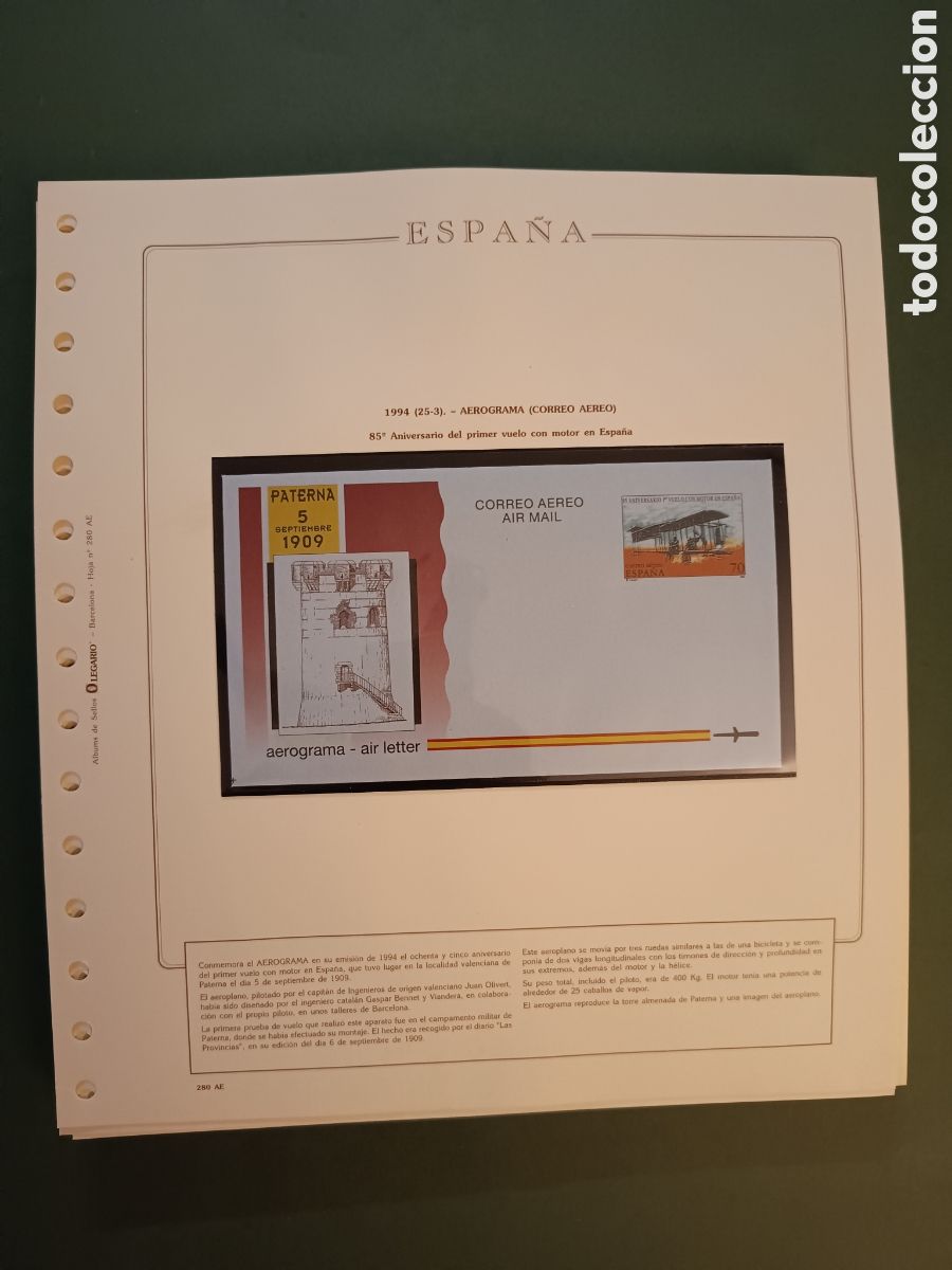 Sellos: 1994 - AEROGRAMA 219 NUEVO EN HOJA OLEGARIO - ANIVERSARIO DEL PRIMER VUELO CON MOTOR EN ESPA&Ntilde;A