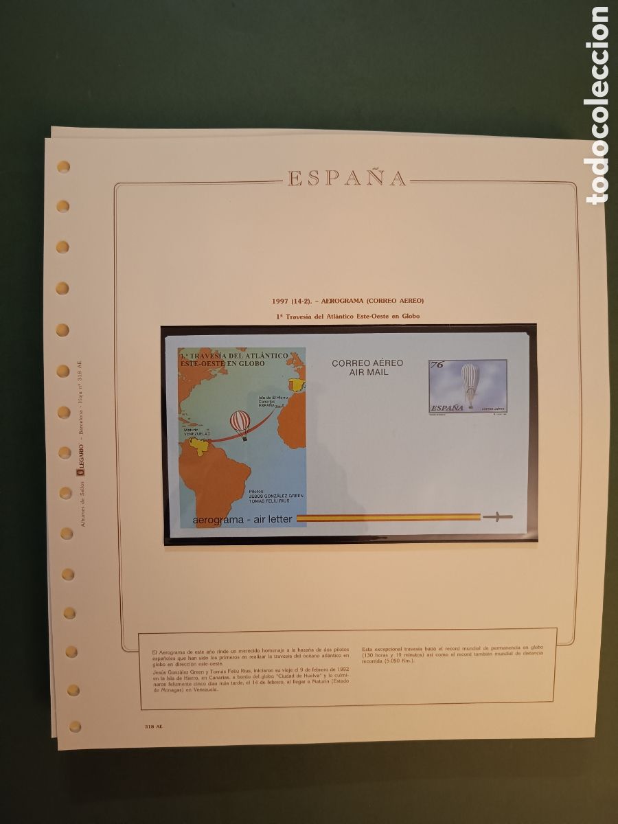 Sellos: 1997 - AEROGRAMA 222 EN HOJA OLEGARIO - PRIMERA TRAVES&Iacute;A DEL OC&Eacute;ANO ATLANTICO EN GLOBO ESTE-OESTE
