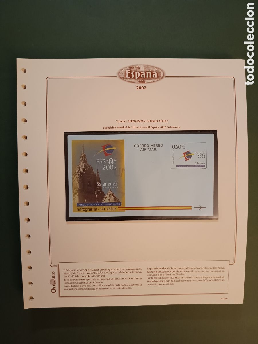 Sellos: 2002 - AEROGRAMA 225 NUEVO EN HOJA OLEGARIO - EXPOSICI&Oacute;N MUNDIAL DE FILATELIA JUVENIL SALAMANCA