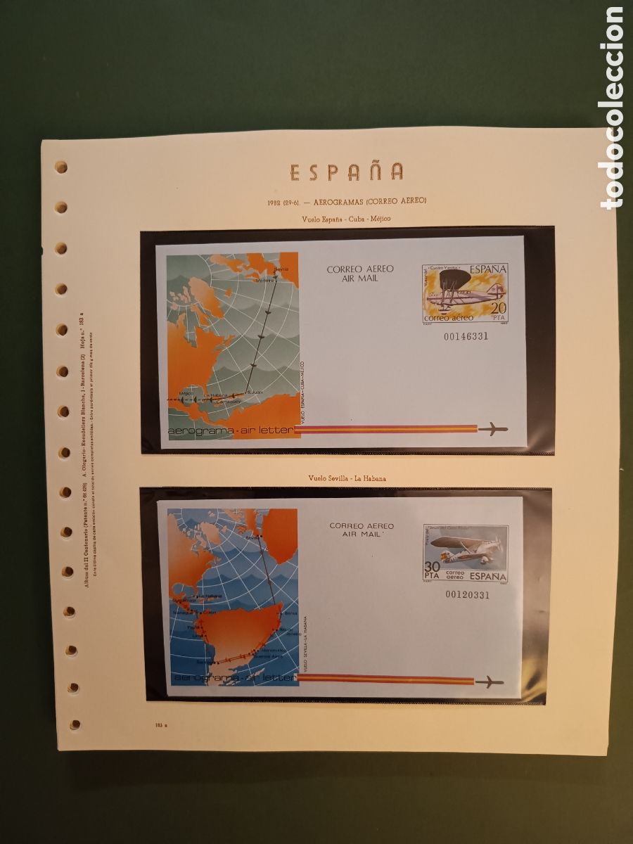 Sellos: 1982 - AEROGRAMA 203 Y 204 EN HOJA OLEGARIO - VUELOS ESPA&Ntilde;OLES ESPA&Ntilde;A CUBA M&Eacute;JICO Y SEVILLA HABANA