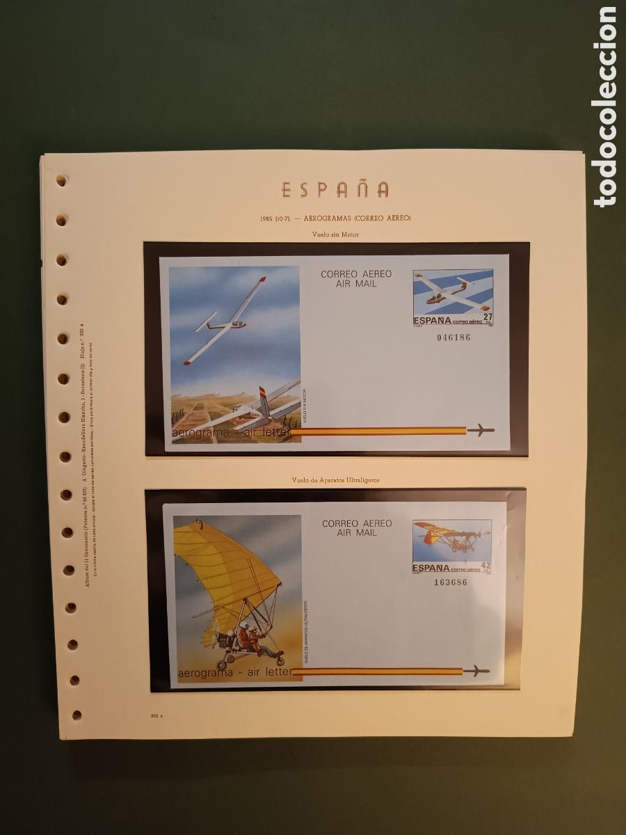 Sellos: 1985 - AEROGRAMA 209 Y 210 EN HOJA OLEGARIO - VUELO SIN MOTOR Y VUELO DE APARATOS ULTRALIGEROS