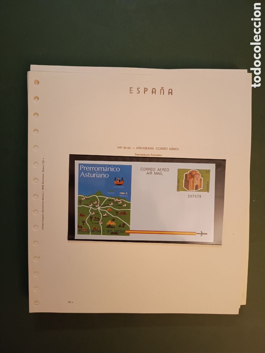 Sellos: 1987 - AEROGRAMA 212 EN HOJA OLEGARIO - PRERROM&Aacute;NICO ASTURIANO