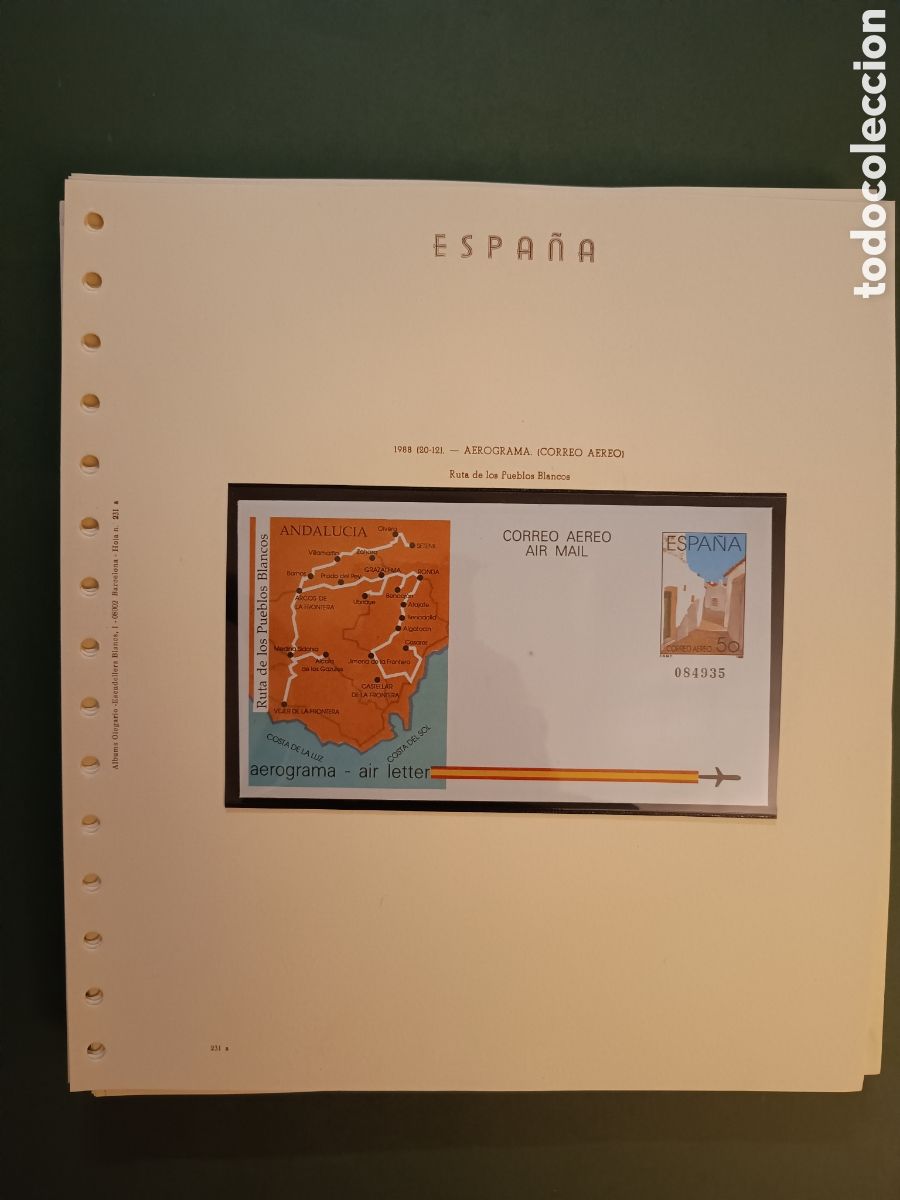 Sellos: 1988 - AEROGRAMA 213 EN HOJA OLEGARIO - RUTA DE LOS PUEBLOS BLANCOS