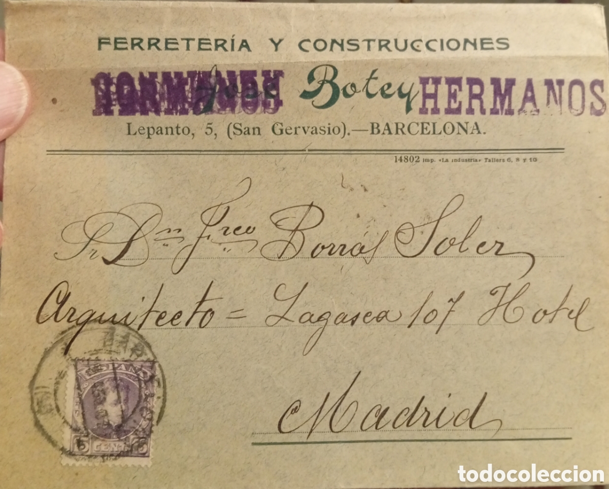 Sellos: Barcelona Botey Hermanos a&ntilde;o 1907 sobre circulado