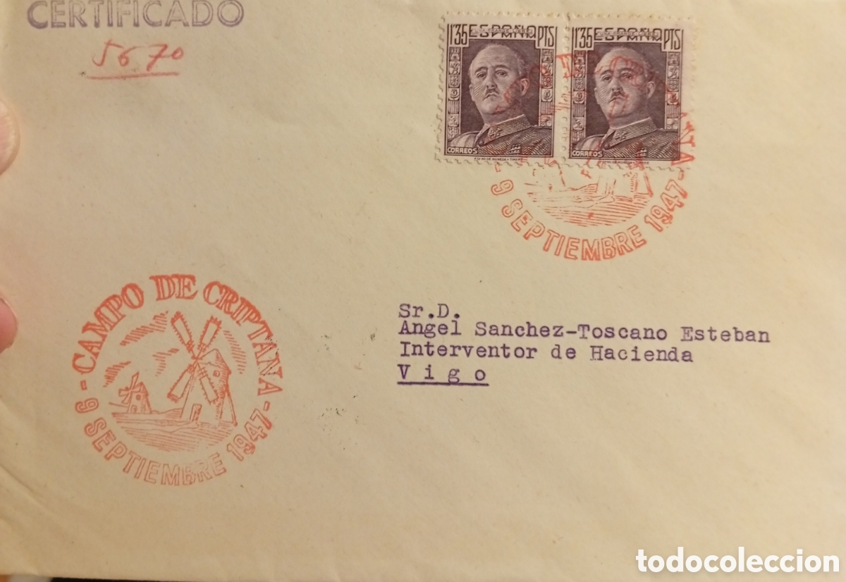 Sellos: Campo de Criptana sobre del primer d&iacute;a circulado a&ntilde;o 1947