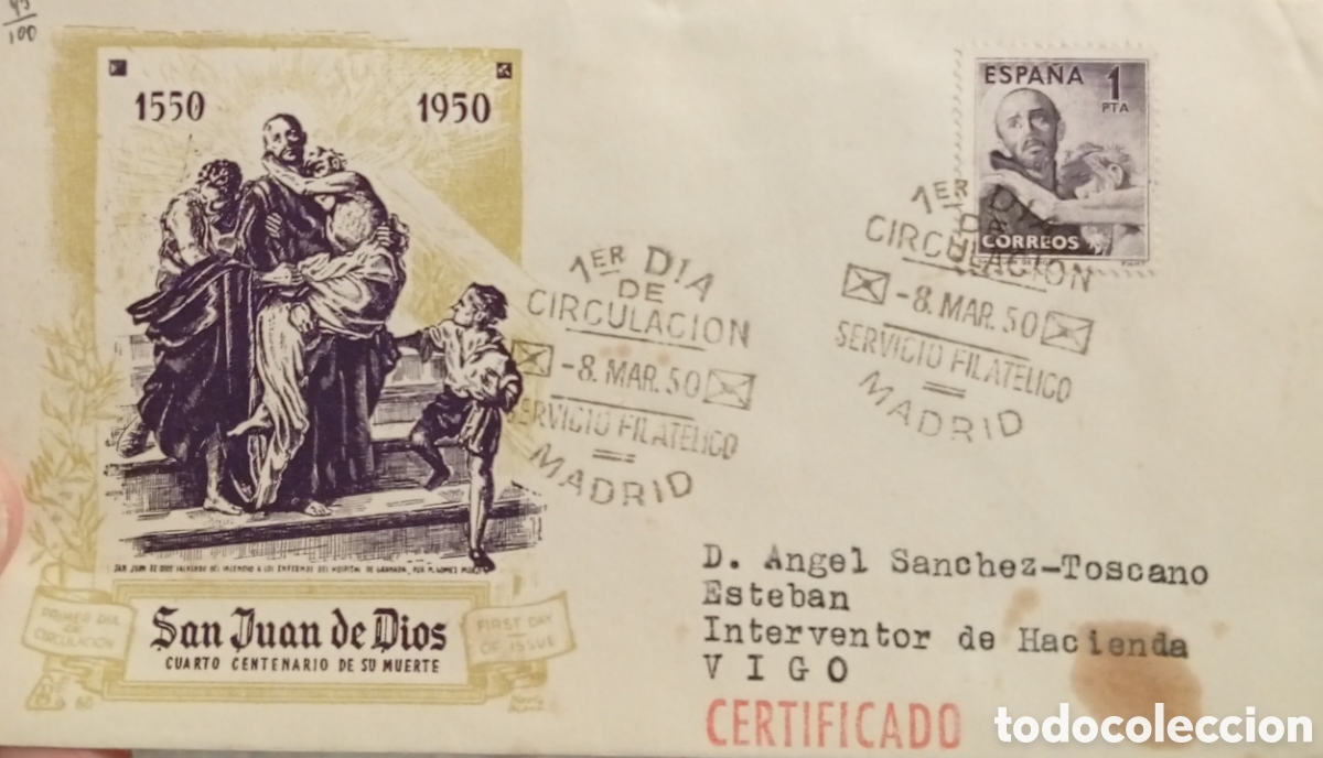 Sellos: Madrid Sobre del primer d&iacute;a circulado a&ntilde;o 1950 San Juan De Dios cuarto centenario de su muerte