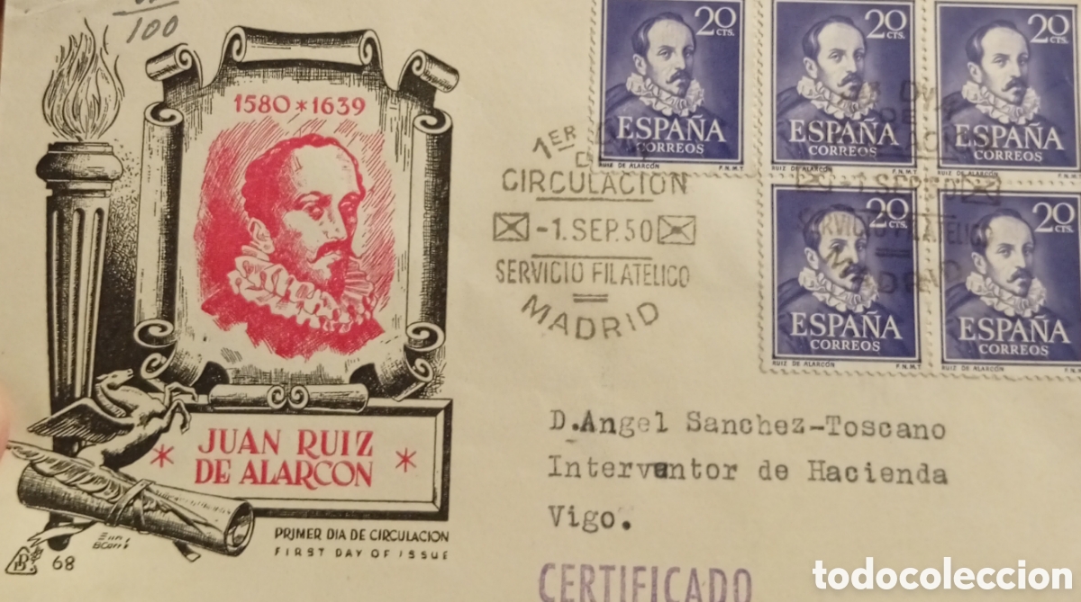 Sellos: Madrid a&ntilde;o 1950 Juan Ruiz De Alarc&oacute;n sobre del primer d&iacute;a circulado