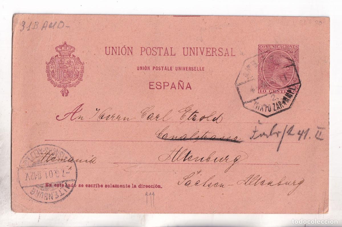 Sellos: TARJETA ENTERO POSTAL. 1901. MARCILLA. NAVARRA. A ALEMANIA. AMBULANTE MIXTO ZARAGOZA
