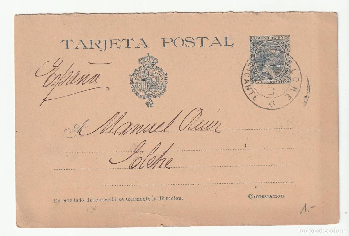 Sellos: ESPA&Ntilde;A ENTERO POSTAL ALFONSO XIII PELON ELCHE ALICANTE TARJETA DE RESPUESTA