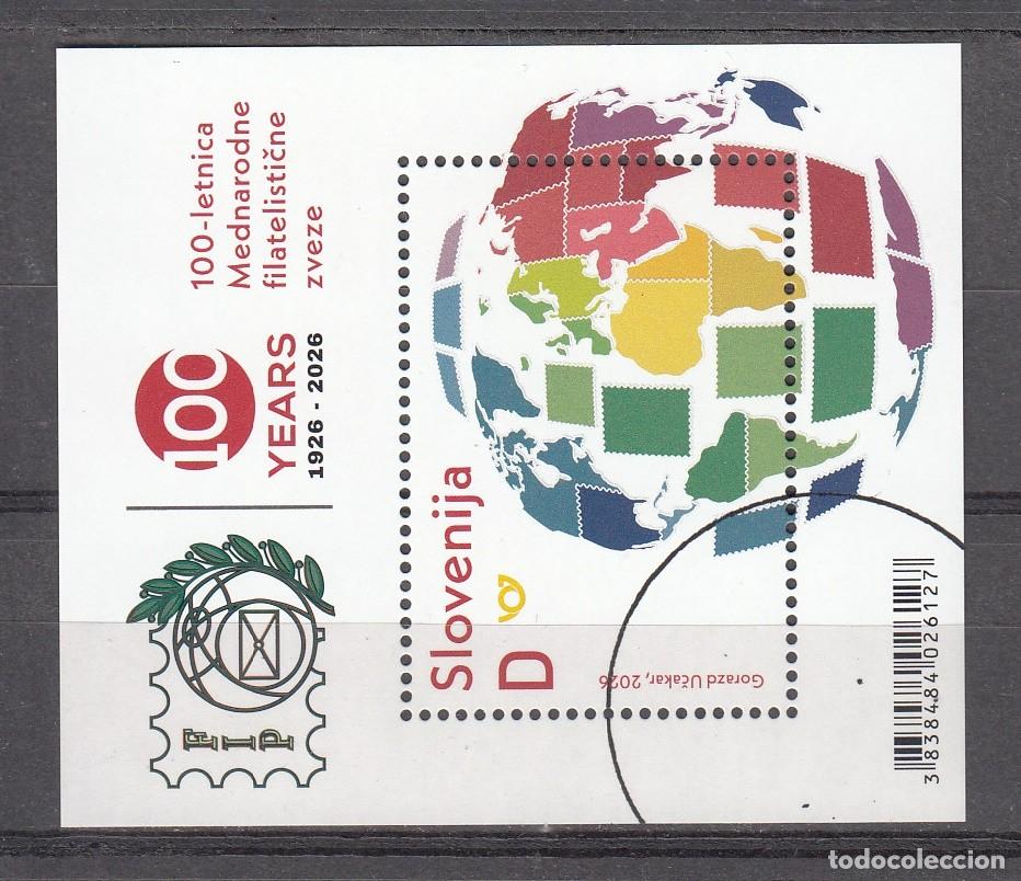 Sellos: ESLOVENIA 2026 - CENTENARIO DE FEDERACION INTERNACIONAL DE FILATELIA - HOJITA - MUESTRA - SPECIMEN