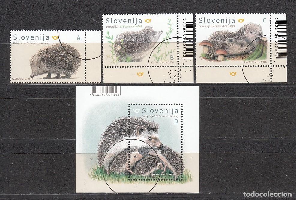 Sellos: ESLOVENIA 2026 - FAUNA - EL ERIZO - 1 HOJITA + 3 SELLOS - MUESTRA - SPECIMEN