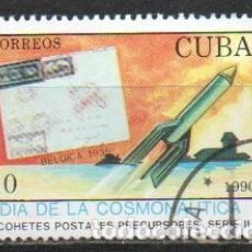 Sellos: CUBA IVERT Nº 3018, DÍA DE LA COSMONÁUTICA. CORREO POR COHETE. BELGICA EN 1835, USADO