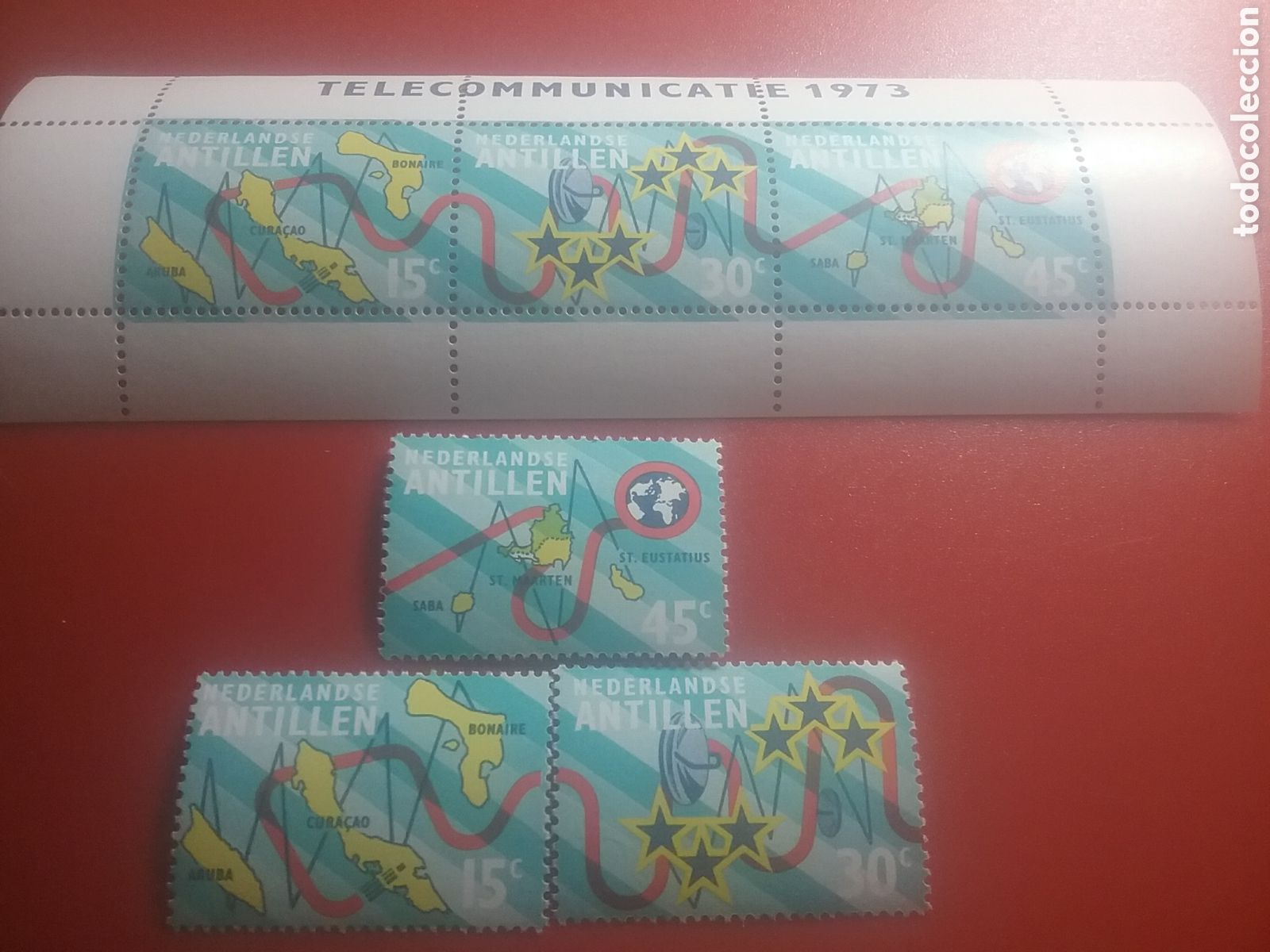 Stamps: HB + Sello Antilla Holandesa nuevo 1973. Cable subterr&aacute;neo. Isla. Cartograf&iacute;a. Comunicaciones