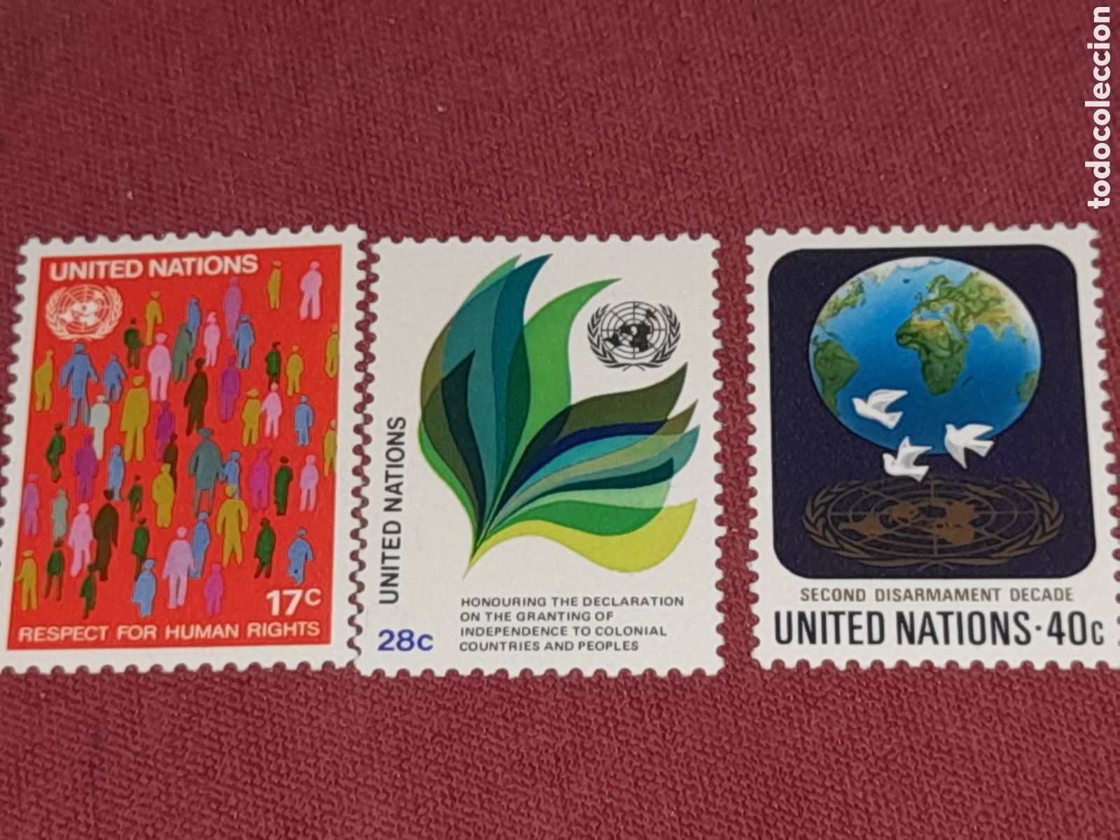 Sellos: Sello N. Unidas, N. York nuevo 1982. Serie general Globo terr&aacute;queo. Aves. P&aacute;jaros. Gente. Flores. Pa