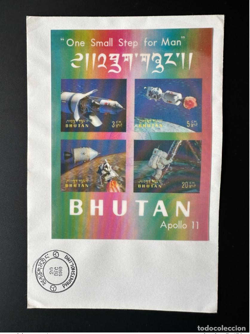 Sellos: But&aacute;n 1969 Mi. Bl. 32 FDC Primer d&iacute;a de alunizaje en 3D Luna Apolo 11