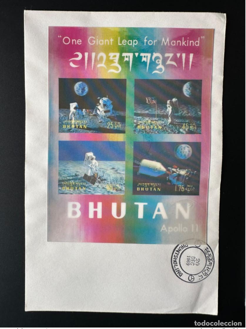 Sellos: But&aacute;n 1969 Mi. Bl. 33 FDC Primer d&iacute;a de alunizaje en 3D Luna Apolo 11